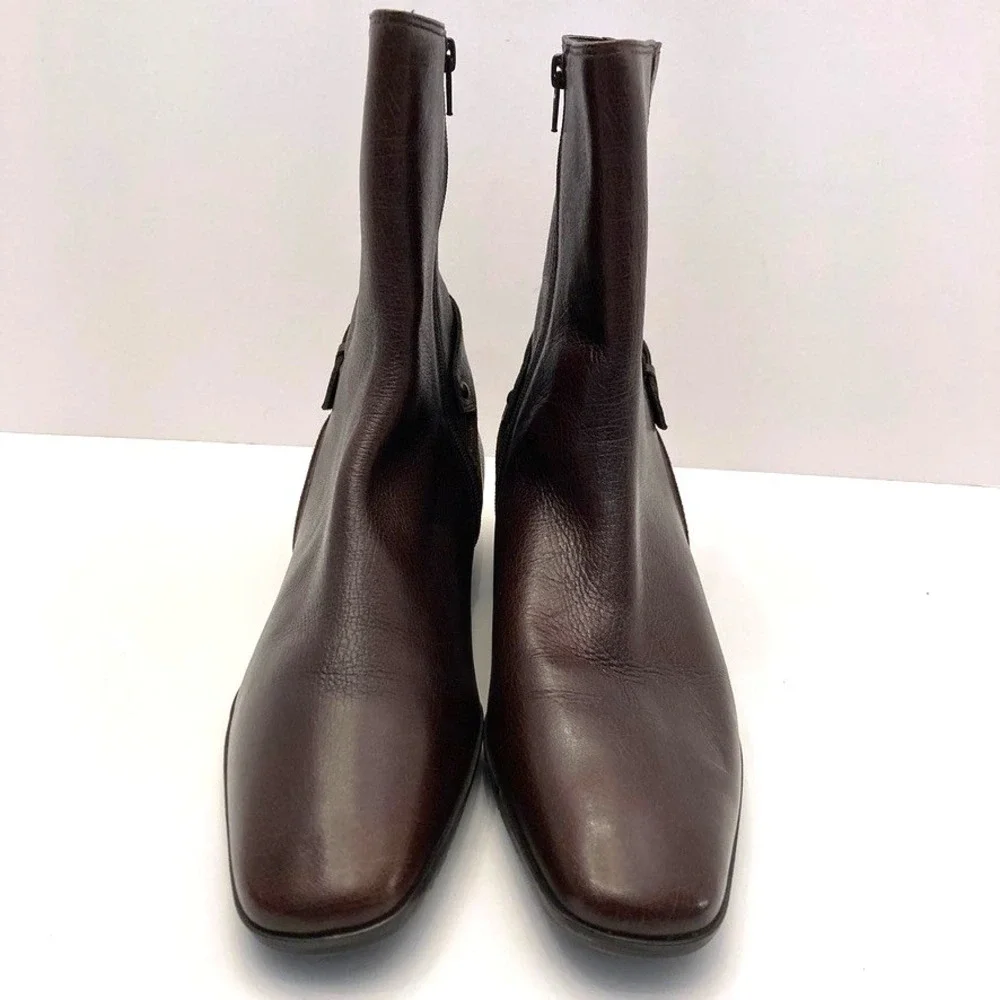 Talbots‎ Ankle Boots Brown Leather Side Zip Womens 8.5 B Brazil Buckle Strap